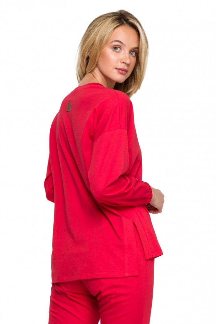 Bluzka damska do spania z długim rękawem bawełniana czerwona